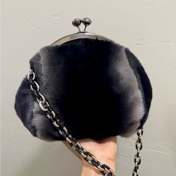 Black Gradient Handmade Real Rex Rabbit Fur Kiss-lock Shoulder Bag/Crossbody - Picture 9 of 14